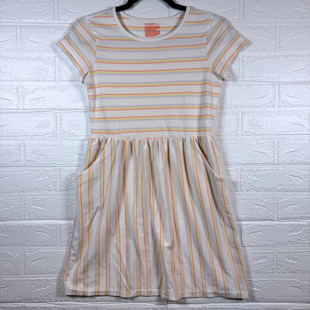 Cat & Jack Striped Knit Dress Girls XL 14/16 Pink Yellow White Short Sleeve